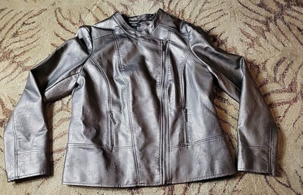 Women's alfani large faux leather jacket METALLIC Small shiny full zip coat